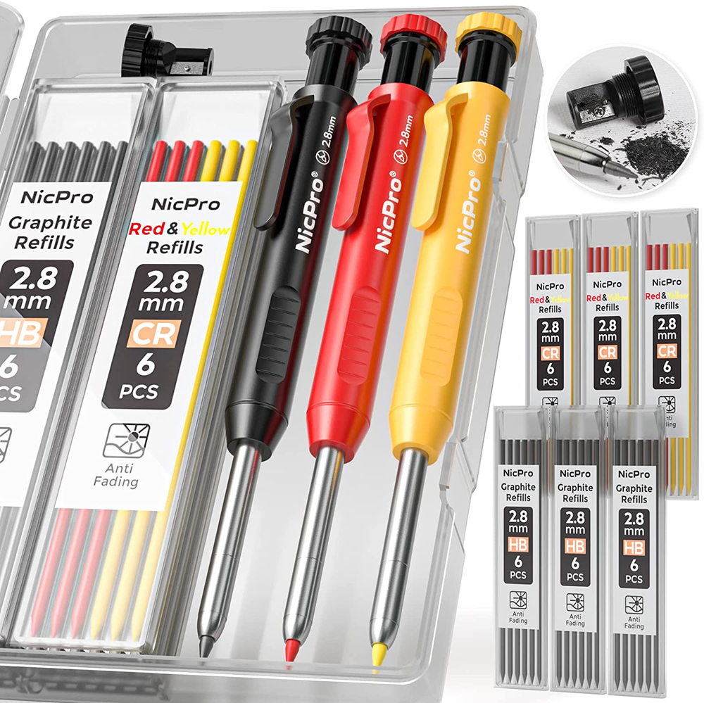 3 Pack Carpenter Pencil with Sharpener, Mechanical Carpenter Pencils with 39 Ref