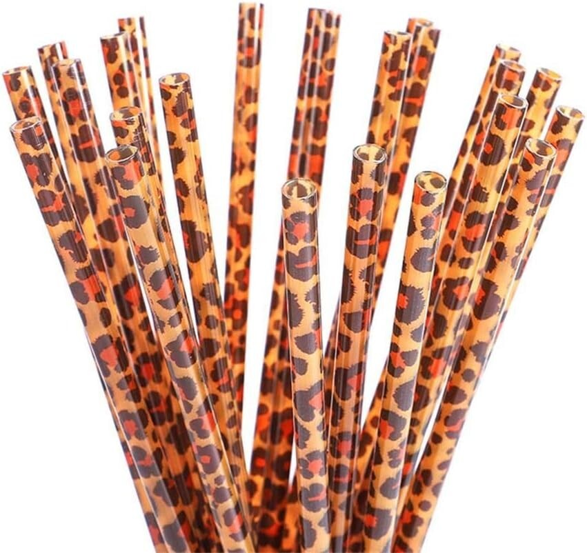 20pcs Reusable Leopard Print Plastic Straws, Leopard Animal Drinking Straws and