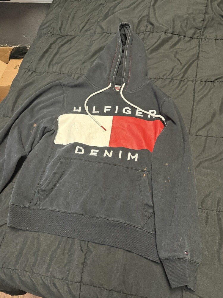 Tommy Hilfiger Mens XS Denim Hoodie with Bleach Stains