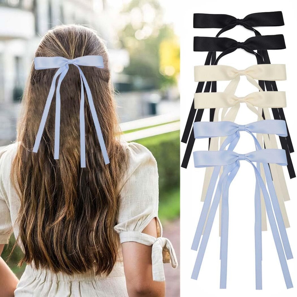 Satin Bow Hair Clips 6 PCS Ribbon Hair Accessories for Girls Women Classic Set