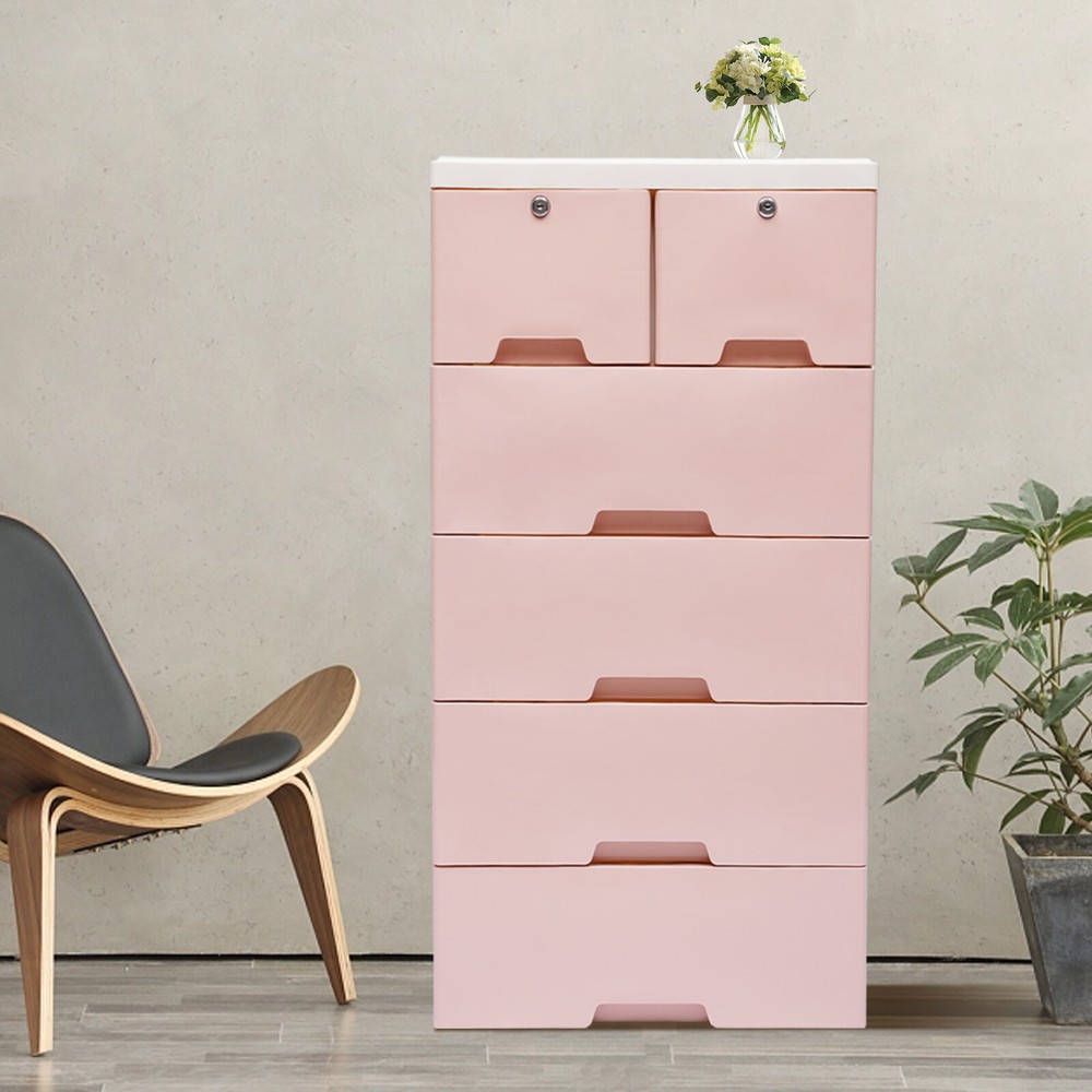 Pink 6-Drawer Plastic Dresser Bedroom Storage Organizer Cabinet