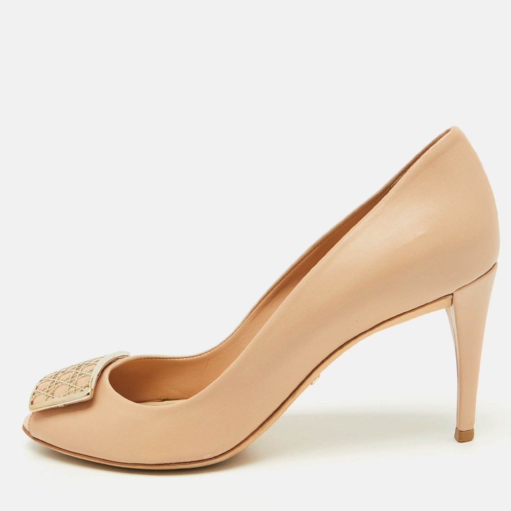 Dior Beige Leather Peep Toe Pumps with Cannage Plaque Size 39.5