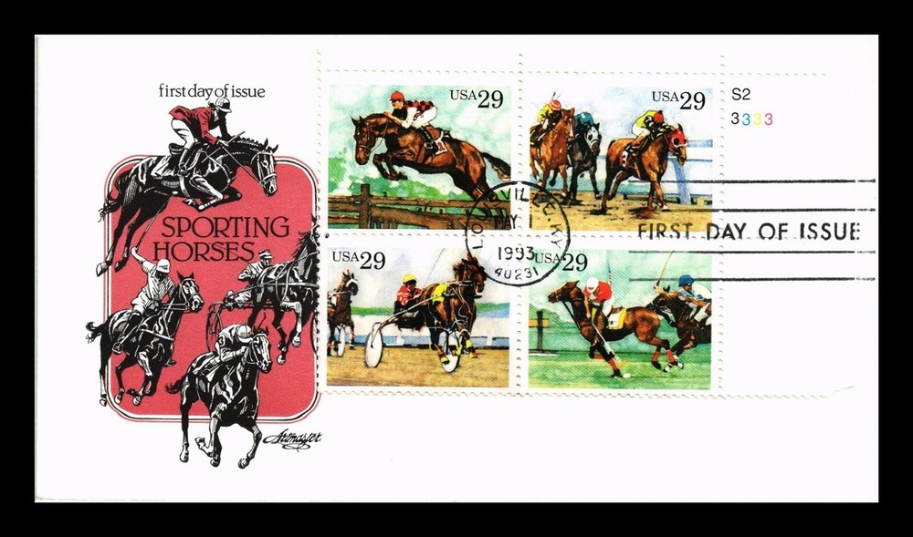 DR JIM STAMPS US COVER SPORTING HORSES FDC PLATE BLOCK ARTMASTER CACHET
