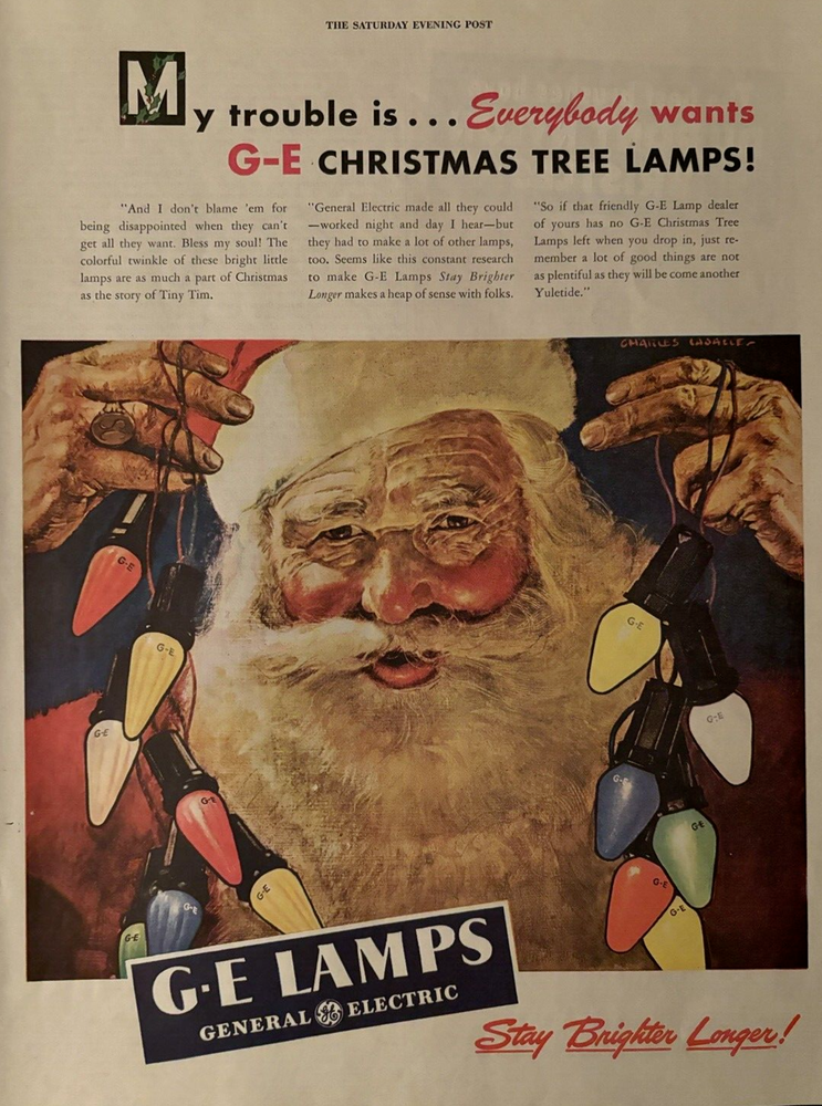 General Electric Christmas Tree Bulbs Brighter Santa Vintage Print Ad 1946