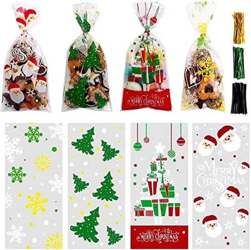 200 Pcs Christmas Cellophane Treat Bags, Xmas Clear Cello Gift Bags Candy Goodie