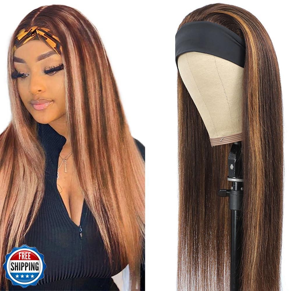 YiweYowe 32 Inch Straight Human Hair Wig Highlight Brown Headband Style