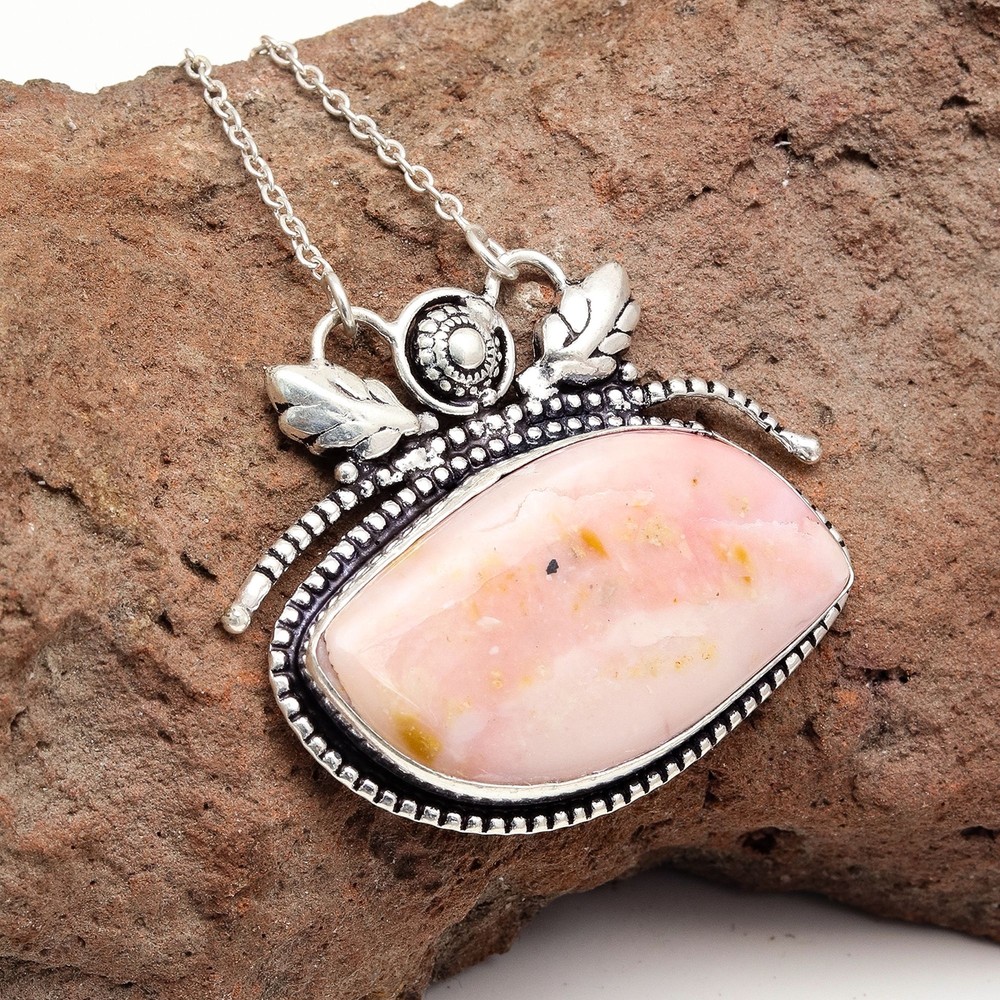 Pink Opal Gemstone Necklace Handmade Gift for Mom 20 Inch