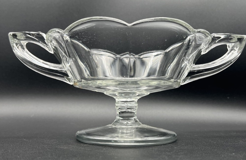 Vintage Clear Pressed Glass Pedestal Compote Bowl with Dual Handles