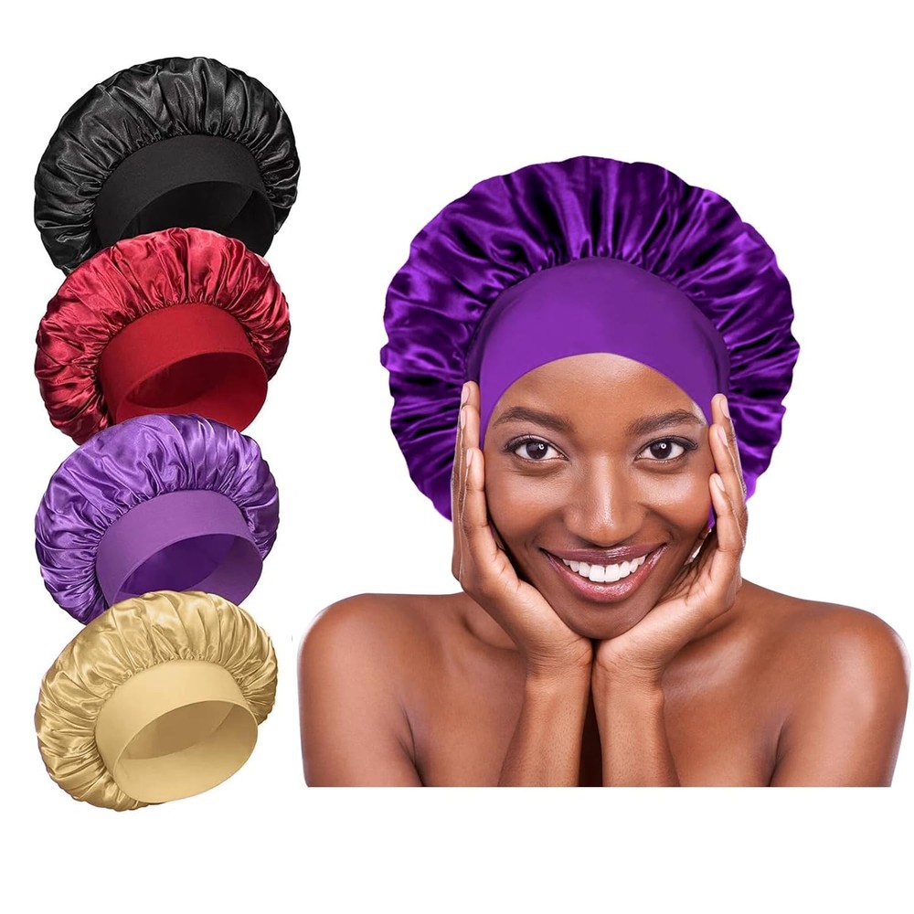 4Pcs Silk Hair Bonnets for Sleeping - Elastic Wide Band Satin Hair Wrap Bonnets