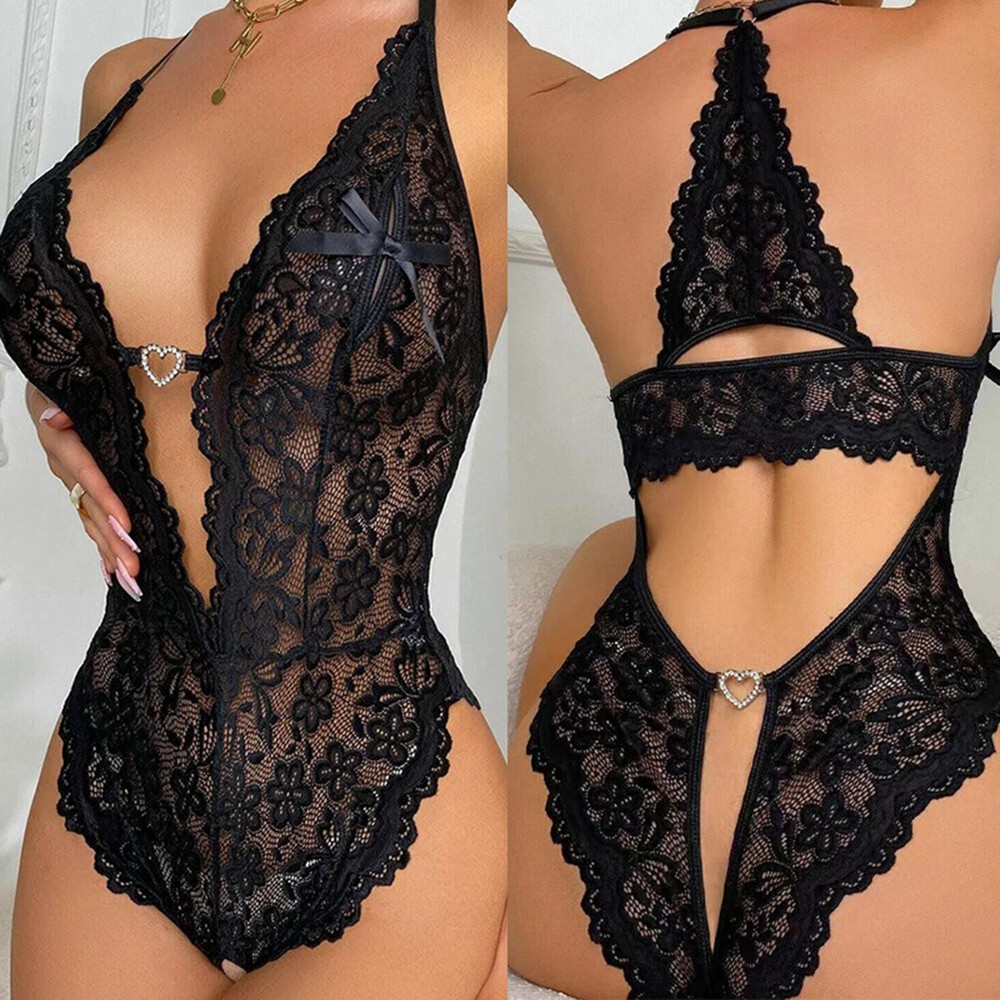 Sexy lace bodysuit deep V teddy mini babydoll sleepwear for women
