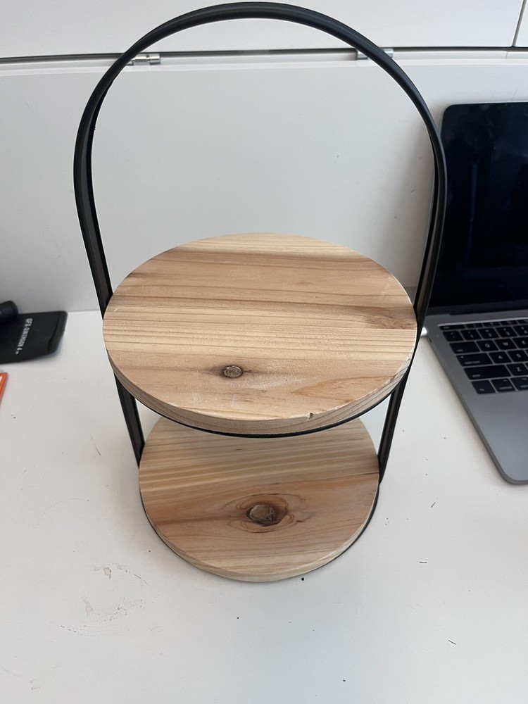 Unique 2 Tier Serving Tray Wood and Metal -4 piece set  7 1/2 X 12 1/2