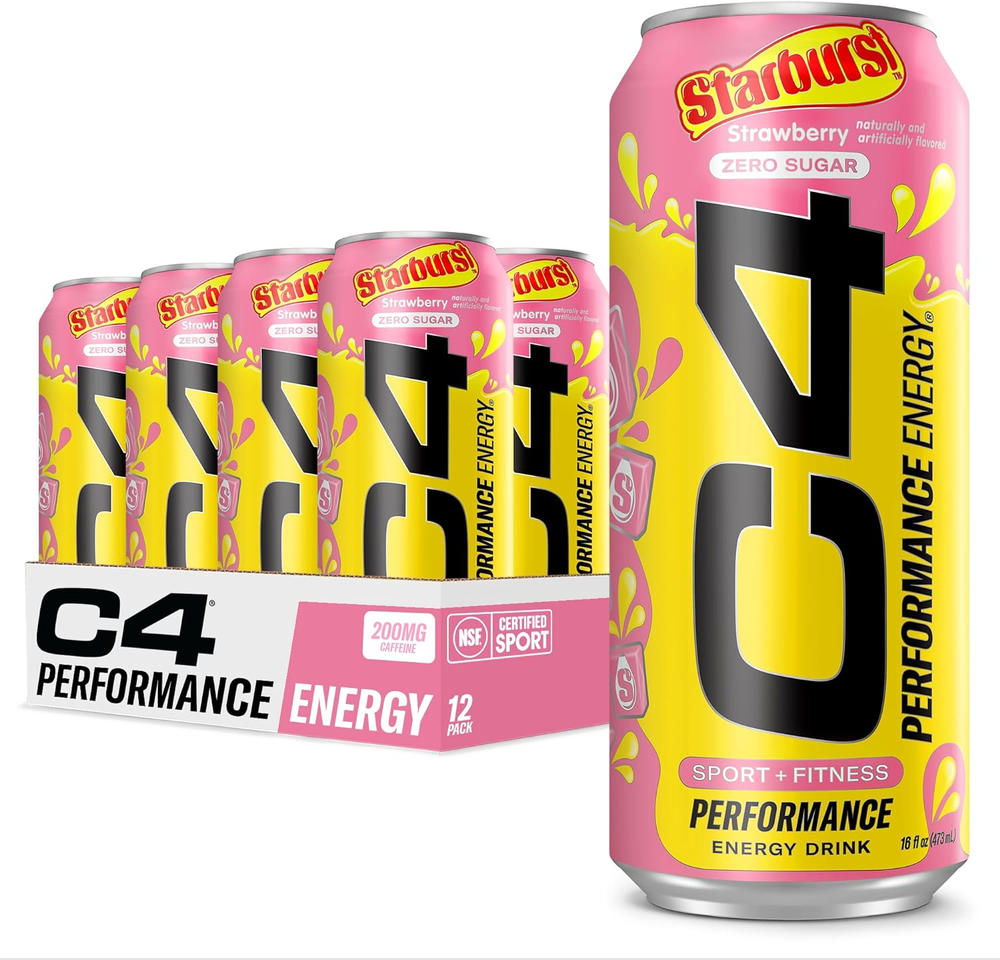 C4 Energy Drink STARBURST Strawberry Zero Sugar Preworkout 200mg Caffeine 16oz 1