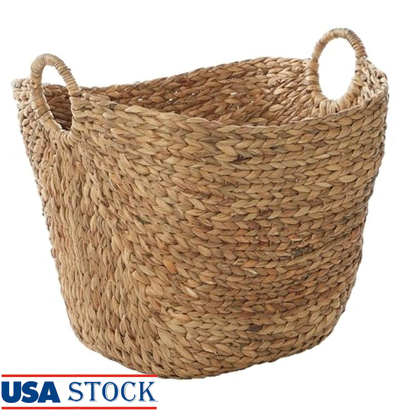 Handmade Woven Seagrass Storage Basket Large Wicker Organizer W/ Ring Handles US