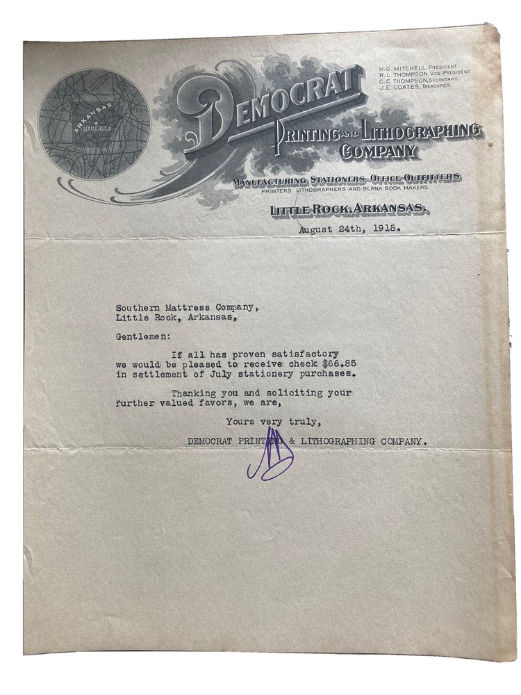 Vintage 1916 Little Rock Arkansas Democrat Printing & Litho Ornate Letterhead