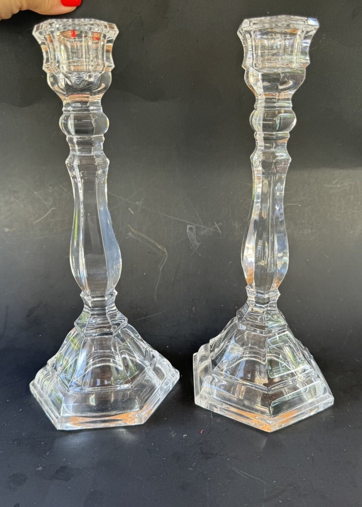 Tiffany & Co Candle Holders Pair Candlesticks Clear Crystal Glass Vintage 1970s