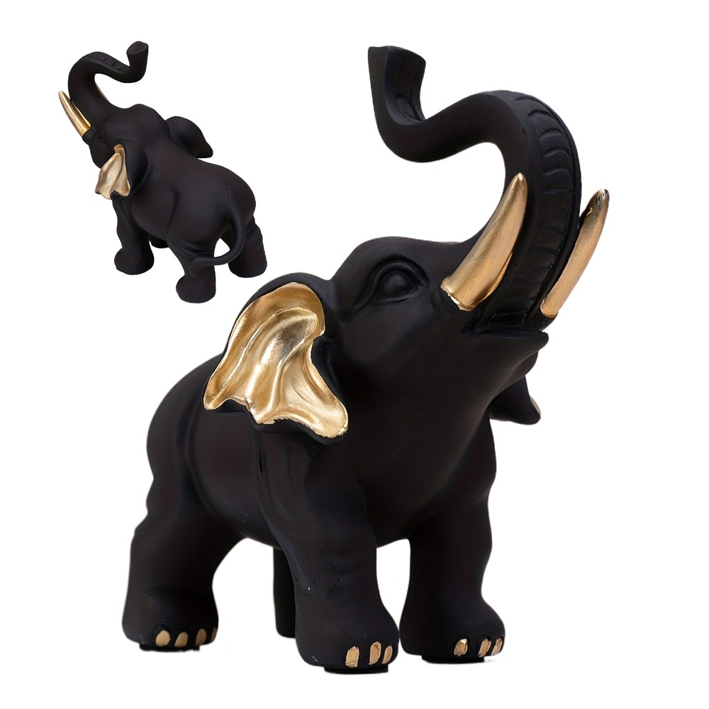 Elephant With Trunks Up Resin Black And Golden Elephant Figurines Sculpture