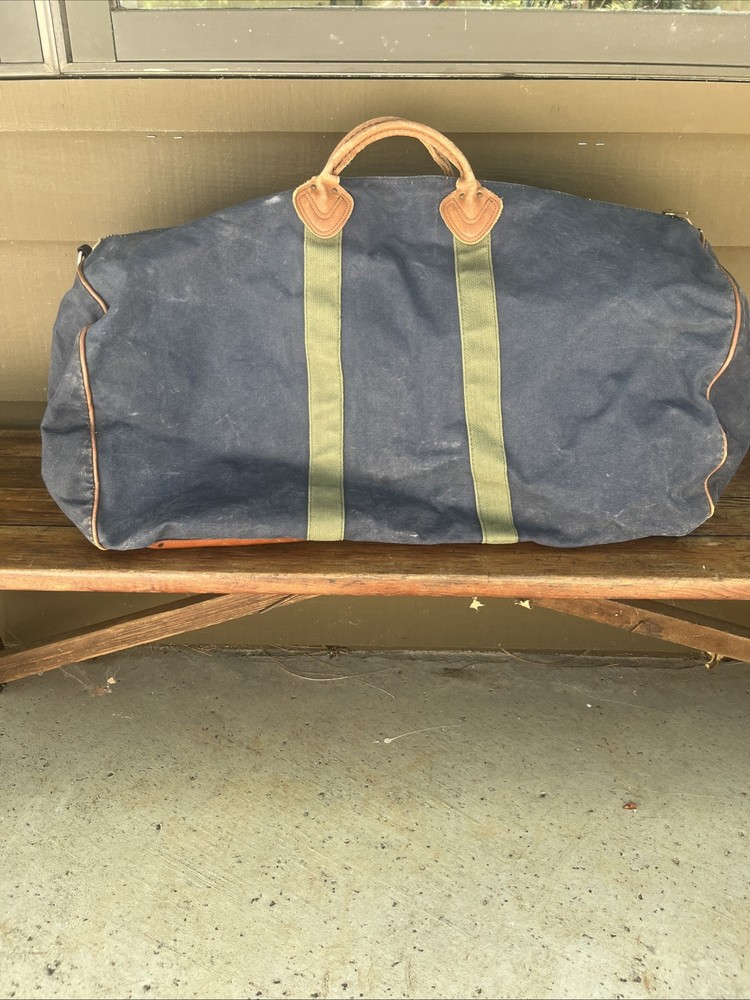 Vintage LL Bean XL Canvas Duffel Bag with Leather Bottom in Blue Green