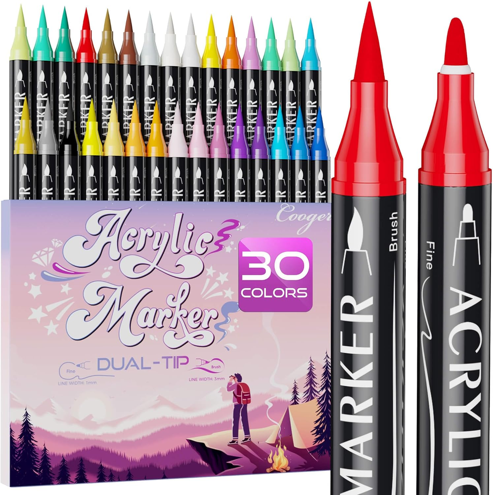 30 Colors Dual Tip Acrylic Paint Markers,Fine Tip and Brush Tip Permanent Acryli