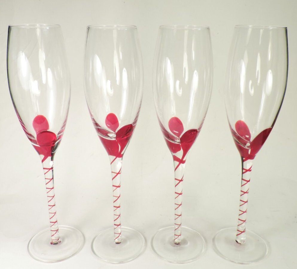 Set of 4 Pier 1 Red Teardrop Swirl Stem Champagne Flutes in Mint Condition