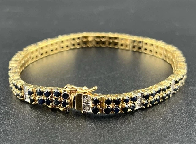 14K Gold Plated Lab-Created 9Ct Blue Sapphire Tennis Bracelet 7.5 Inches