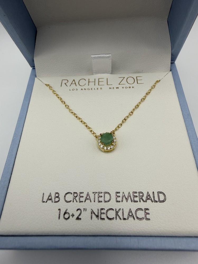 Rachel Zoe Sterling Silver Gold Tone Lab Created Emerald Halo Pendant Necklace