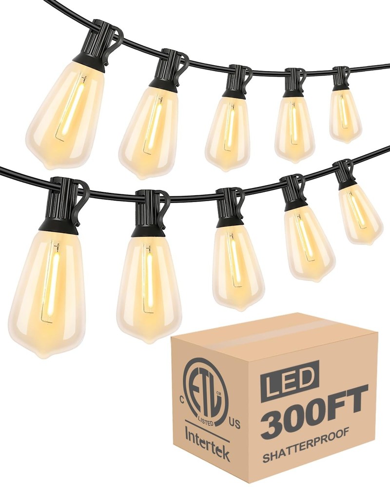LED Outdoor String Lights 300FT Patio Lights with 96 Shatterproof ST38 Vintag...