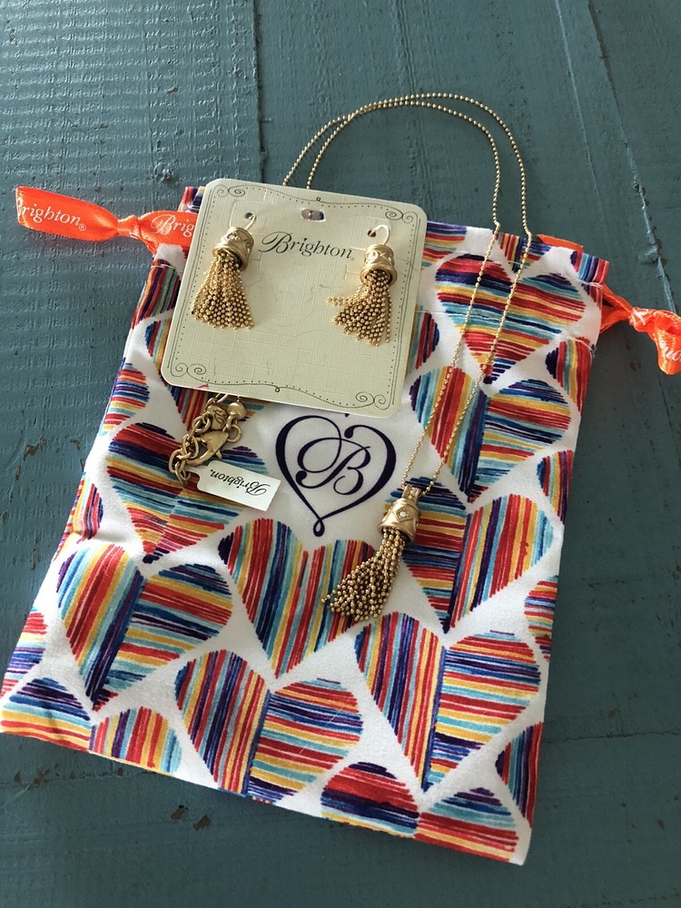 Brighton Meridian Zenith Gold Tassel Necklace and Earrings Set with Pouch NWT