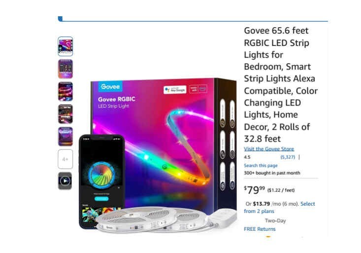 Govee 65.6ft RGBIC Smart LED Strip Lights for Bedroom Works with Alexa