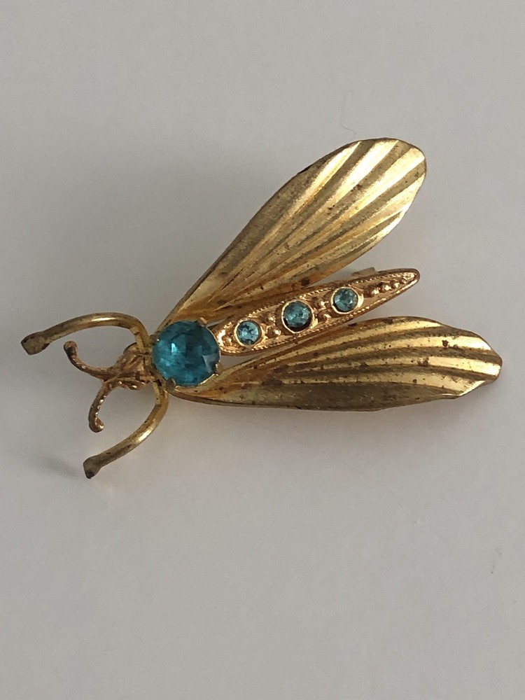Rare Antique SIGNED Czech Glass Winged Insect Brooch w/Blue Rhinestones -C Clasp