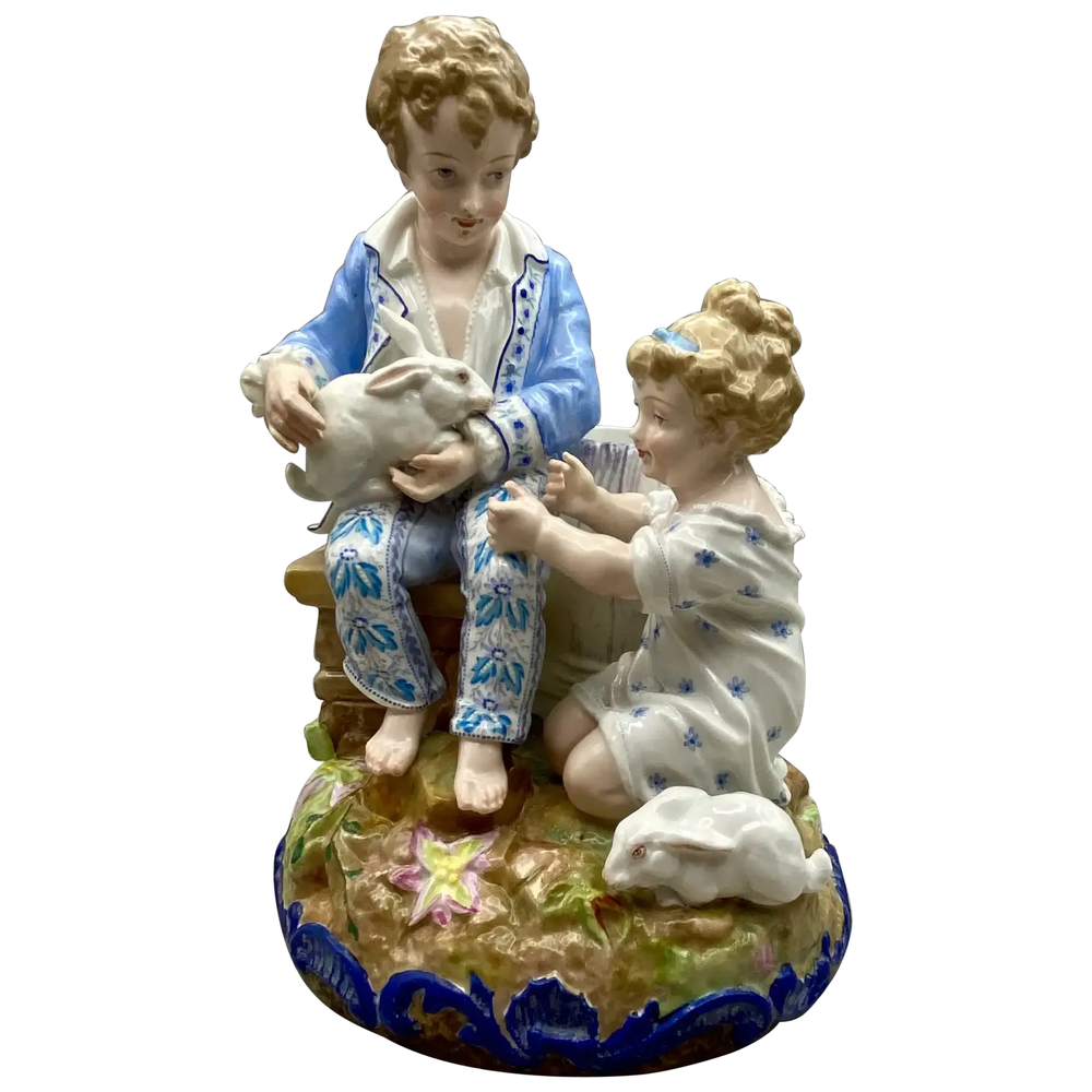 French Bisque, Limoges Demartial and Tallandier, Children with Bunnies, 8.5