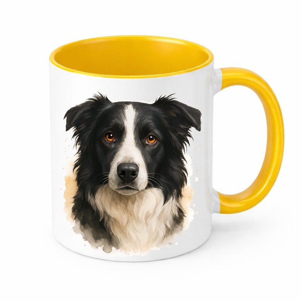 Border Collie Mug Brew Crew Gifts Ceramic Watercolour Dog Portrait 11 Oz Yellow