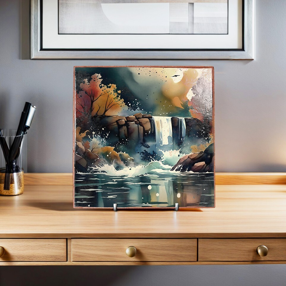 Handcrafted Waterfall Art Clay Tile 8x8” Unique Wall Hanger & Home Decor Gift