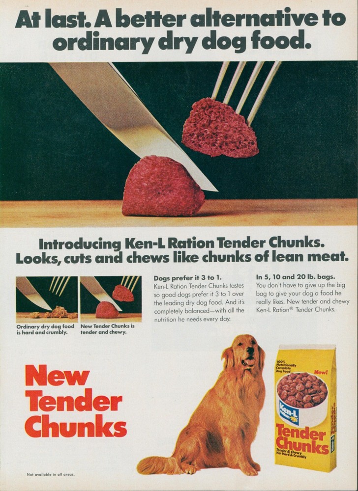 1978 Ken L Ration Tender Chunks Golden Retriever Chewy Bag Dog Food Ad GH4