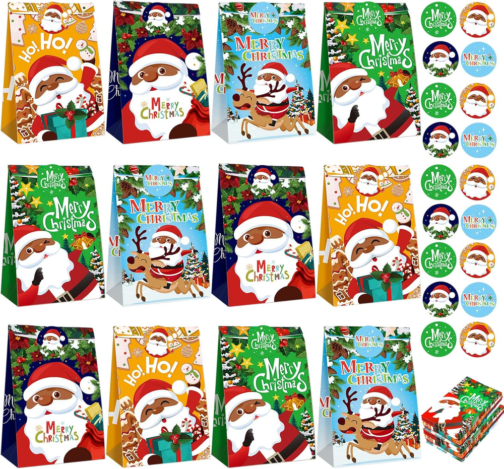 24 Pieces African American Black Santa Claus Gift Bags Christmas Paper Gift Bags