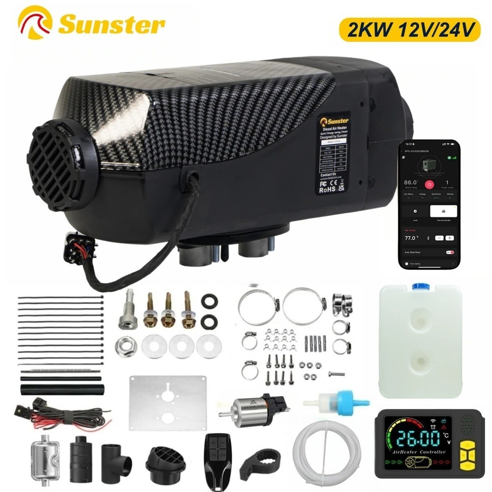 Sunster 12V 24V 2KW Air Diesel Heater Bluetooth Night Parking Upgrade LCD For RV