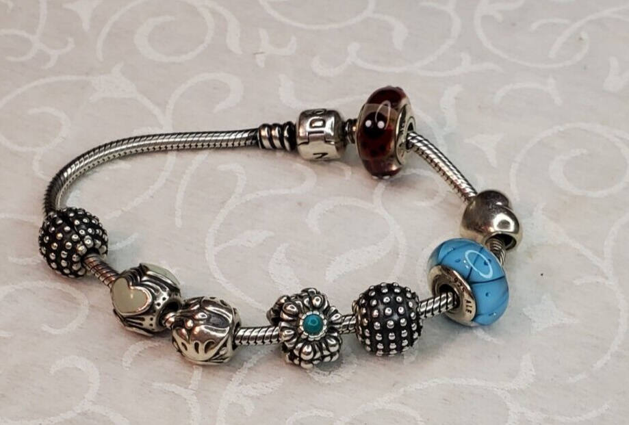 Pandora 925 Silver Snake-Chain Bracelet with 6 Charms & Murano Turquoise