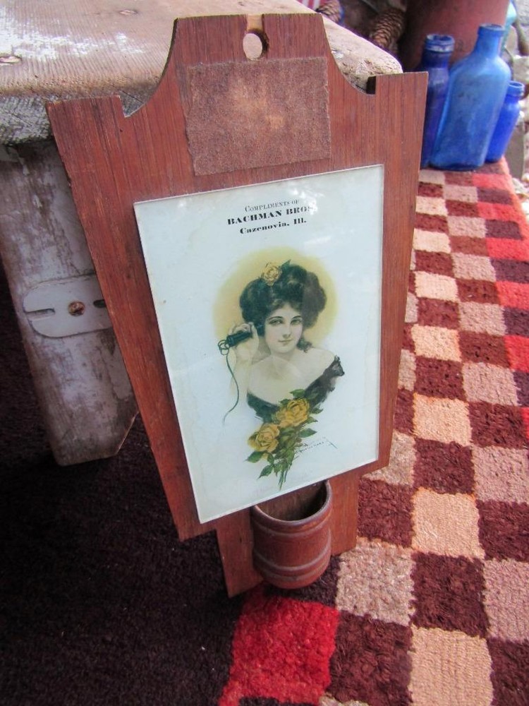 Primitive Antique Early 1900s Wall Mount Match Holder Bachman Bros Cazenovia IL