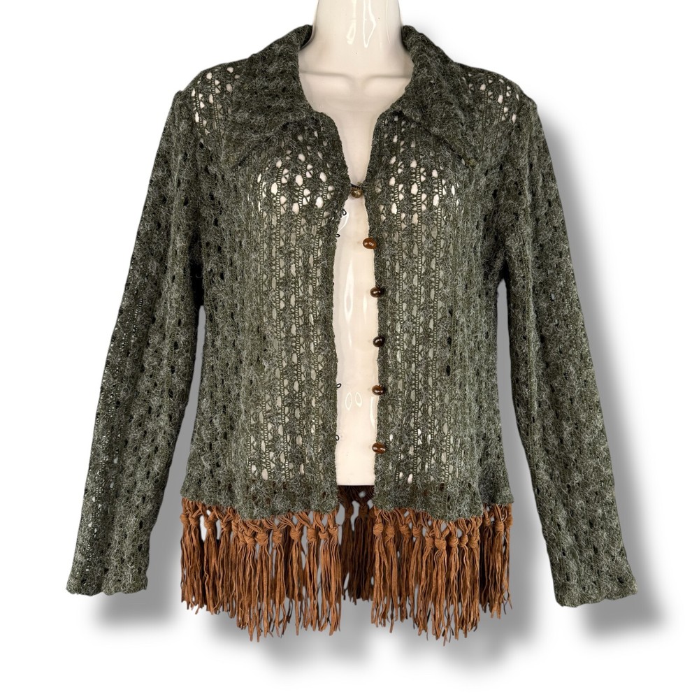 Vintage Green Collared Knit Button Up Fringe Cardigan Fairy Gremlin Core L Boho