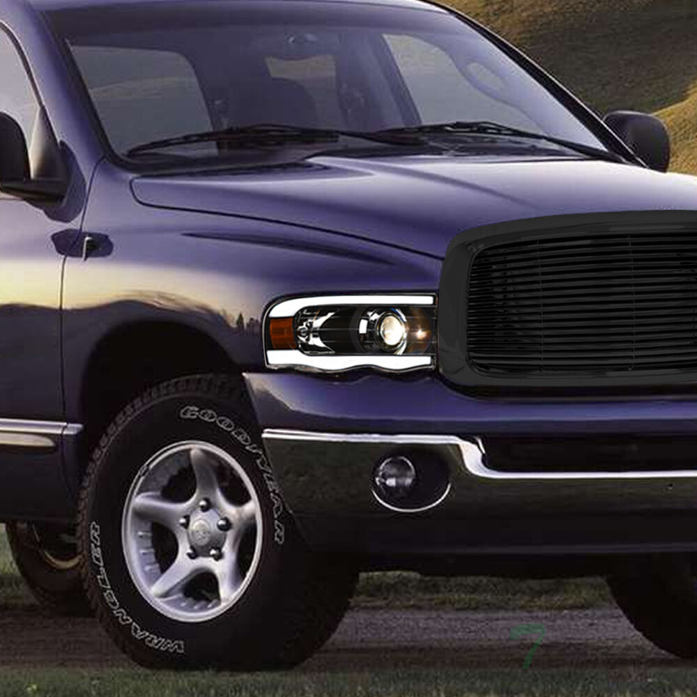 TLAPS For 2002-2005 Ram Blk LED Strip Projector Headlights Am+Horizontal Grille