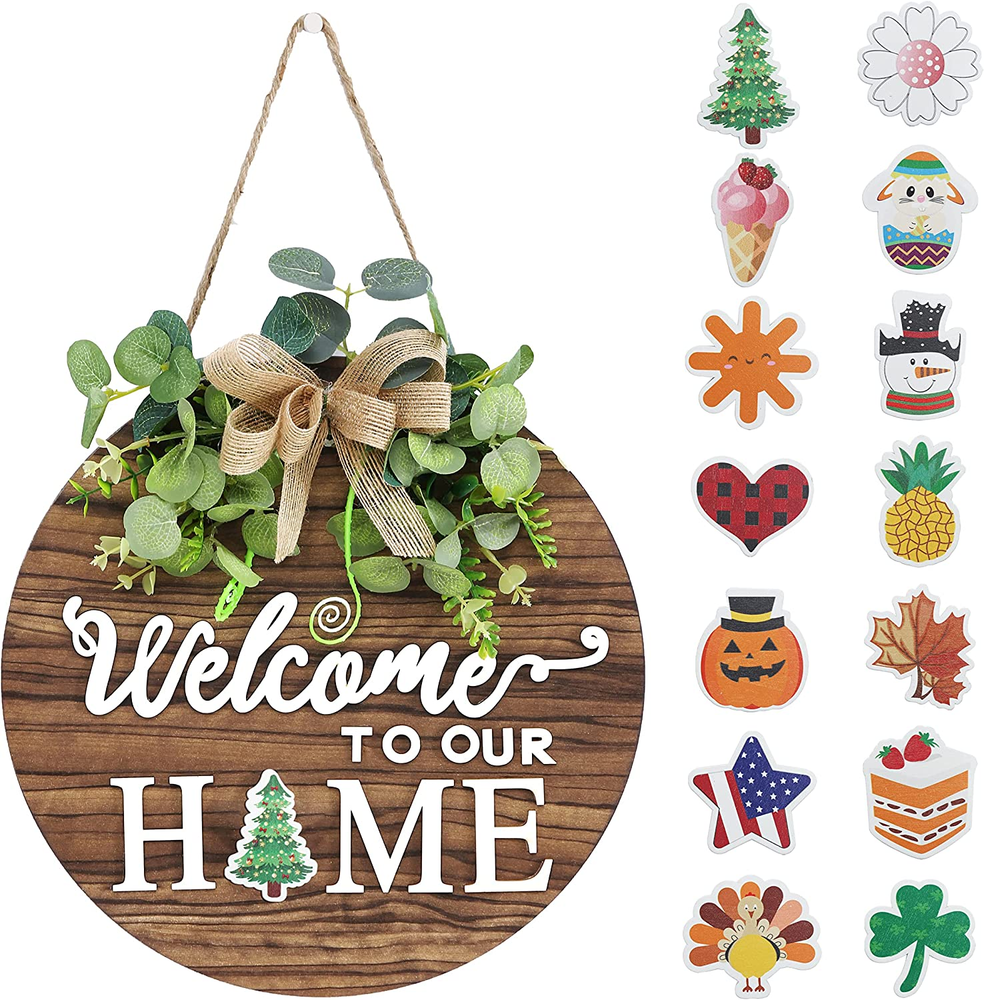 Seasonal Interchangeable Welcome Sign - Rustic Farmhouse Door Wreath-image