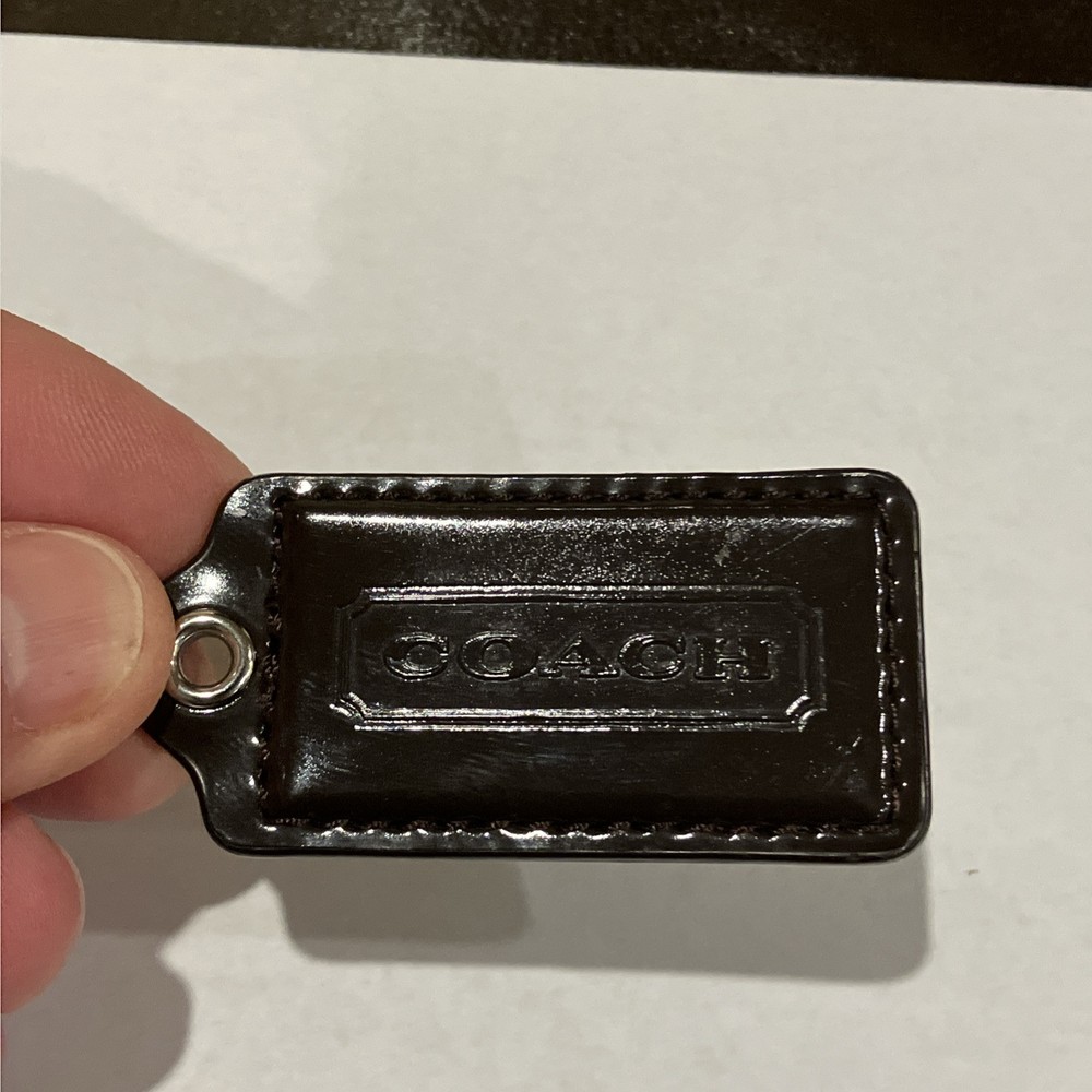 COACH Dark Brown Patent Leather Keychain with Nickel Key Fob Bag Charm