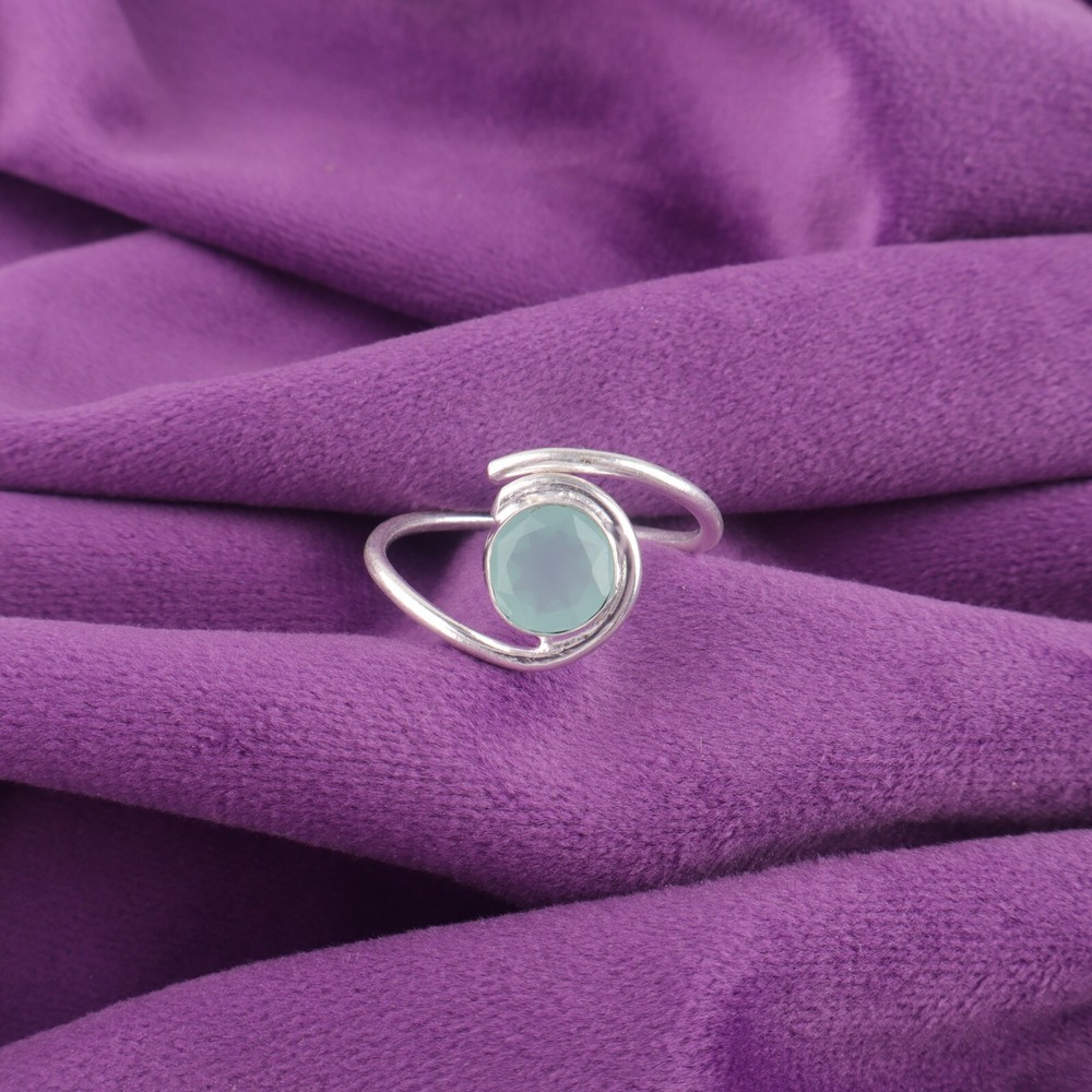 925 Sterling Silver Round Natural Aqua Chalcedony Bezel Band Ring Size All Size