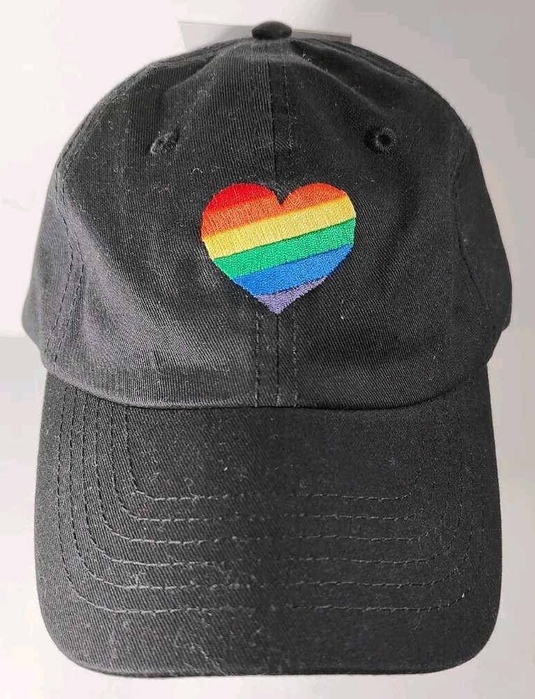 Dalix adjustable Black Hat Striped Rainbow Heart Embroidered LGBTQ+ Cap NWT