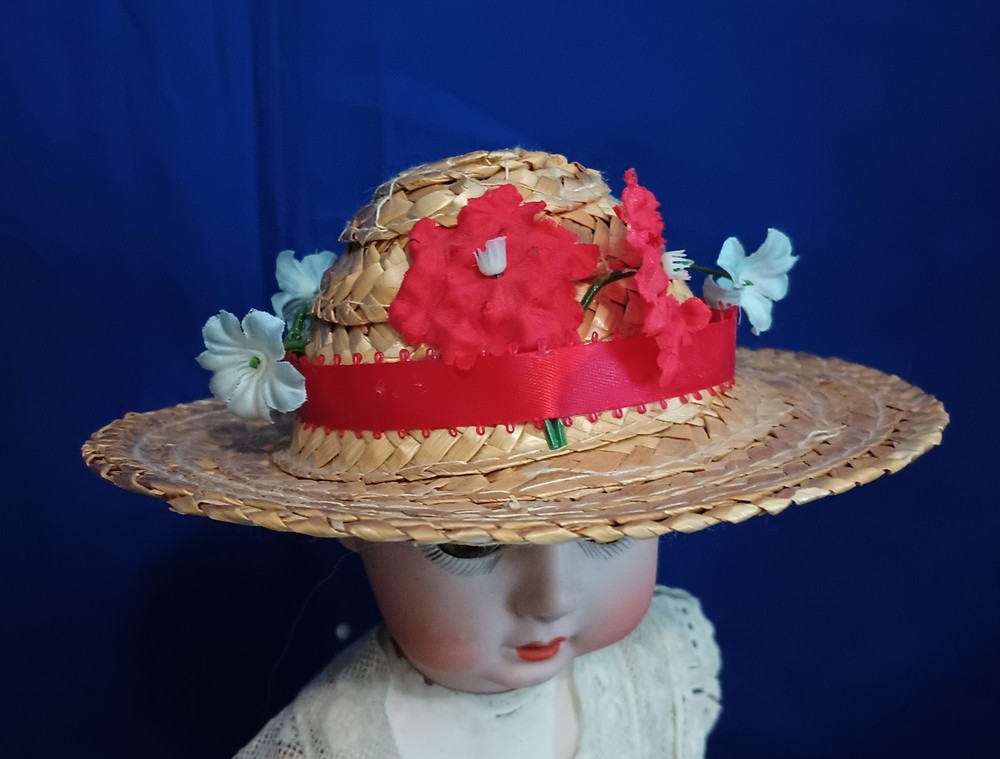 Vintage Doll Straw Hat With Red Flowers in Front for  8