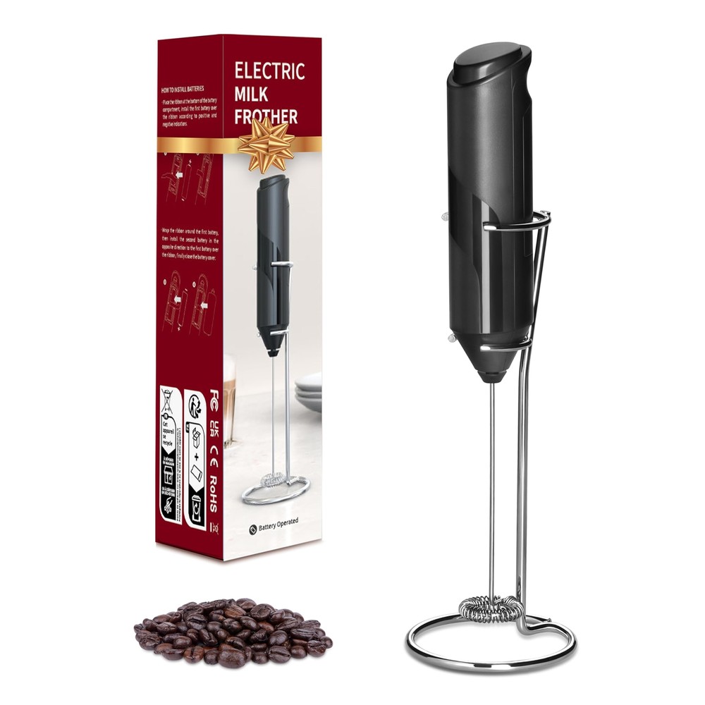 Electric Milk Frother with Stand, Battery-Operated Whisk for Coffee & Lattes