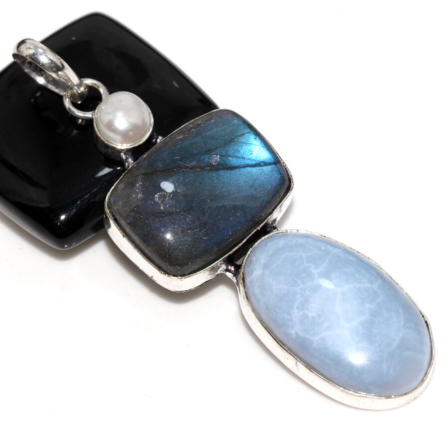 925 Silver Plated Owhyee Blue Opal Fiery Labradorite Long Pendant 2.7