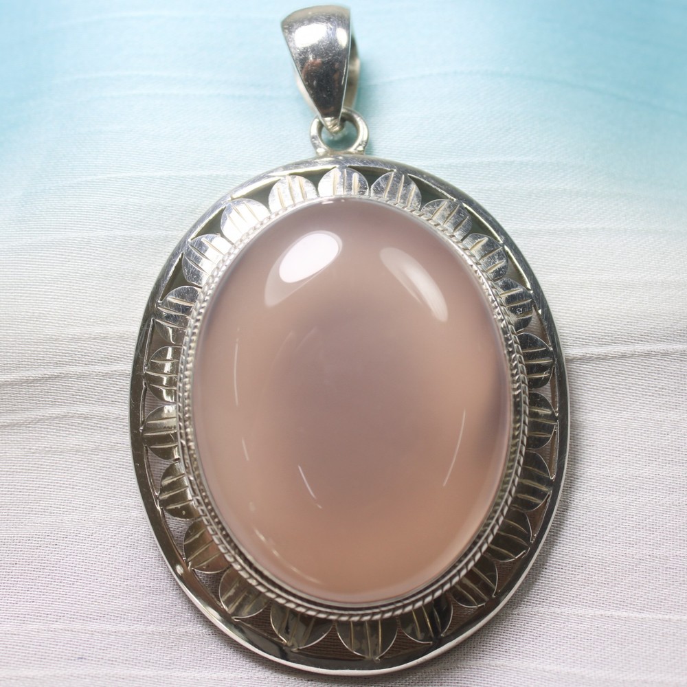 Natural Pink Rose Quartz Vintage Pendant 925 Sterling Silver Fine Jewelry 30.80g