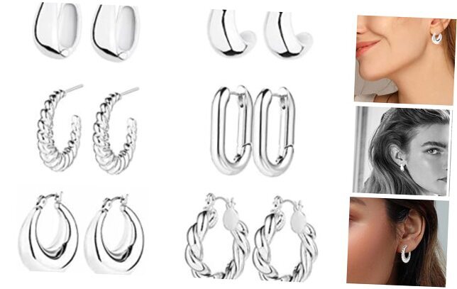 6 Pairs 14K Gold Hoop Earrings for Women Lightweight Chunky Hoop Silver