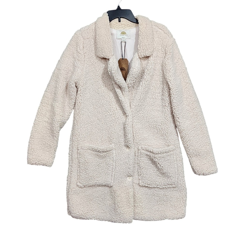 1 Sunset Lane Sherpa Jacket Coat Button Up Front Pockets Beige Large