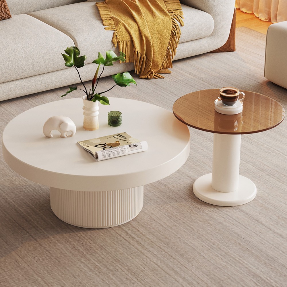 Set of 2 Nesting Coffee Table White Round Coffee Table with Small Side Table